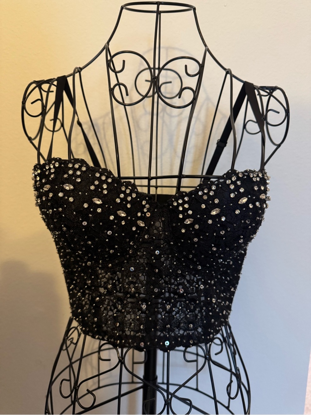 Black Beaded Lace Bustier Crop Top